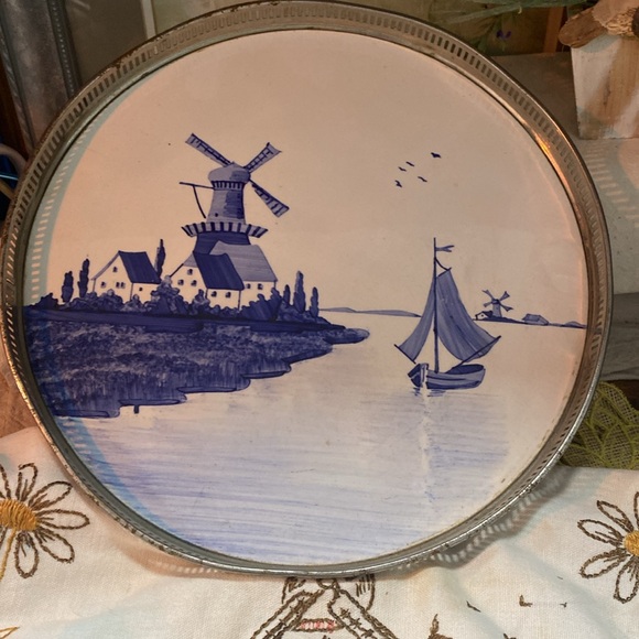 Vintage Holland Blue Windmill Scene Porcelain Tray and Laundry bag - Picture 2 of 4